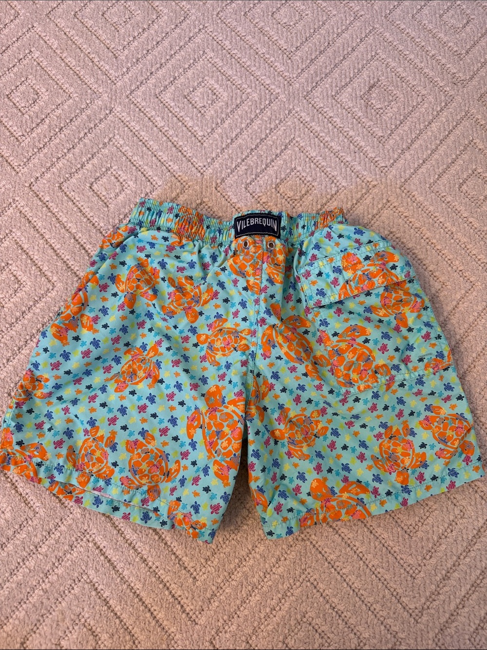 Boys Vilebrequin Aqua Swim Trunks with Orange Turtle Motif